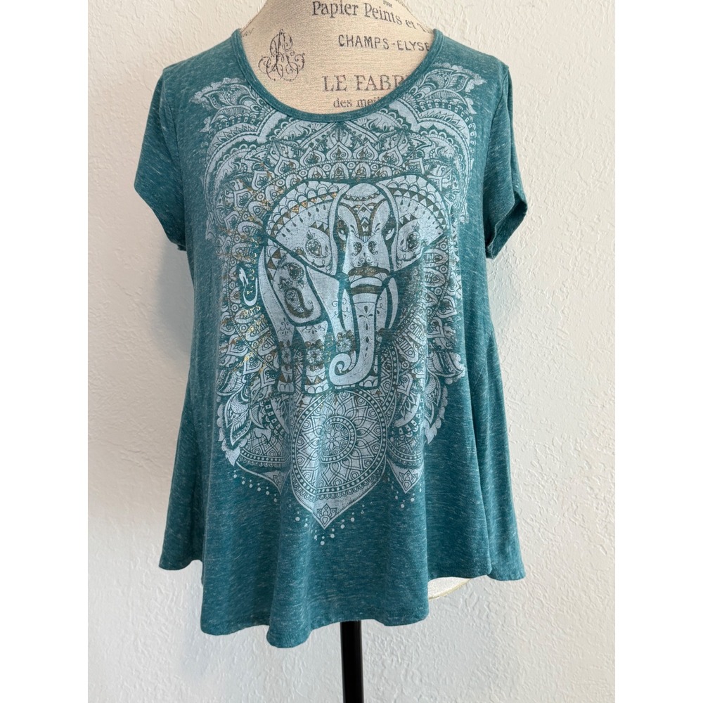 Style & Co Womens Medium Teal Elephant Mandala Graphic T-Shirt Boho Short Sleeve